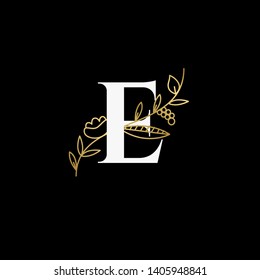 Vector Hand Drawn floral uppercase letters monograms or logo. Uppercase Letter E with Flowers and Branches. Suitable for card, invitation, save the date, logo, business identity style.