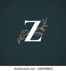 Vector Hand Drawn floral uppercase letters monograms or logo. Uppercase Letter Z with Flowers and Branches. Suitable for card, invitation, save the date, logo, business identity style.