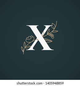 Vector Hand Drawn floral uppercase letters monograms or logo. Uppercase Letter X with Flowers and Branches. Suitable for card, invitation, save the date, logo, business identity style.