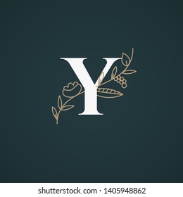 Vector Hand Drawn floral uppercase letters monograms or logo. Uppercase Letter Y with Flowers and Branches. Suitable for card, invitation, save the date, logo, business identity style.