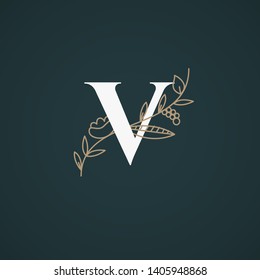 Vector Hand Drawn floral uppercase letters monograms or logo. Uppercase Letter V with Flowers and Branches. Suitable for card, invitation, save the date, logo, business identity style.