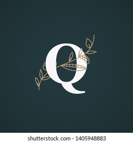 Vector Hand Drawn floral uppercase letters monograms or logo. Uppercase Letter Q with Flowers and Branches. Suitable for card, invitation, save the date, logo, business identity style.