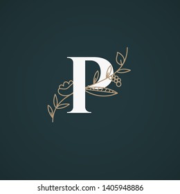 Vector Hand Drawn floral uppercase letters monograms or logo. Uppercase Letter P with Flowers and Branches. Suitable for card, invitation, save the date, logo, business identity style.