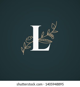 Vector Hand Drawn floral uppercase letters monograms or logo. Uppercase Letter L with Flowers and Branches. Suitable for card, invitation, save the date, logo, business identity style.