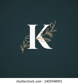 Vector Hand Drawn floral uppercase letters monograms or logo. Uppercase Letter K with Flowers and Branches. Suitable for card, invitation, save the date, logo, business identity style.