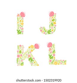 Vector Hand Drawn floral uppercase letter monograms or logo. Uppercase Letters I, J, K, L with Flowers and Branches Blossom. Floral Design