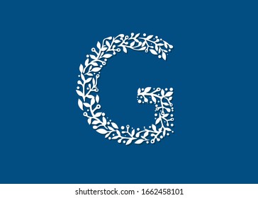 Vector Hand Drawn floral uppercase letter g vector with classic blue color background