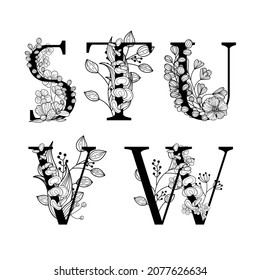 Vector Hand Drawn floral uppercase letters monograms or logo. Uppercase Letters A, B, C, D, E, F with Flowers 
