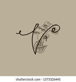 Vector Hand Drawn floral V monogram or logo. Uppercase Hand Lettering. Letter V with Flowers and Branches. Wildflowers. Floral Design