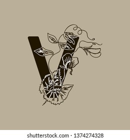 Vector Hand Drawn floral V monogram or logo. Uppercase Hand Lettering. Letter V with Flowers and Branches. Wildflowers. Floral Design