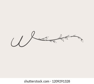 Vector Hand Drawn floral W monogram or logo. Lowercase Hand Lettering Letter w with Flowers and Branches. Wildflowers. Floral Design