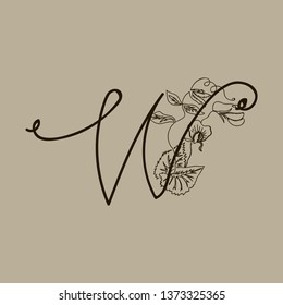 Vector Hand Drawn floral W monogram or logo. Uppercase Hand Lettering. Letter W with Flowers and Branches. Wildflowers. Floral Design