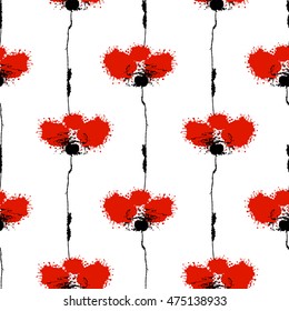 Vector hand drawn floral watercolor seamless pattern with poppy. Artistic creative colorful graphic ilustration with splash, blots and smudge. Endless vector background, graphic illustration 