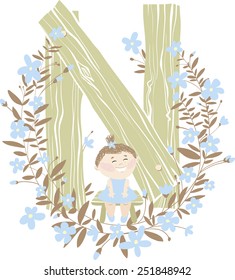 Vector hand drawn Floral and Wooden children monogram with funny little girl on bench and blue spring flowers. Letter "N" is perfect for your design - flyers, posters, invitations, cards and so on.