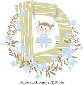 Vector hand drawn Floral and Wooden children monogram with funny little girl on swing and blue spring flowers. Letter "D" is perfect for your design - flyers, posters, invitations, cards and so on.
