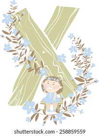 Vector hand drawn Floral and Wooden children monogram with funny little girl on bench and blue spring flowers. Letter "X" is perfect for your design - flyers, posters, invitations, 
