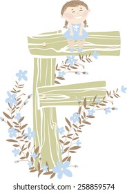 Vector hand drawn Floral and Wooden children monogram with sitting funny little girl and blue spring flowers. Letter "F" is perfect for your design - flyers, posters, invitations, cards and so on.