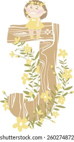 Vector hand drawn Floral and Wooden children monogram with funny little girl  and yellow spring flowers. Letter "J" is perfect for your design - flyers, posters, invitations, cards and so on.
