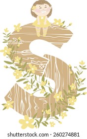 Vector hand drawn Floral and Wooden children monogram with sitting funny little girl  and yellow spring flowers. Letter "S" is perfect for your design - flyers, posters, invitations, cards and so on.