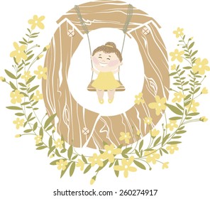 Vector hand drawn Floral and Wooden children monogram with funny little girl  and yellow spring flowers. Letter "O" is perfect for your design - flyers, posters, invitations, cards and so on.