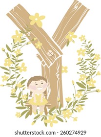 Vector hand drawn Floral and Wooden children monogram with sitting funny little girl  and yellow spring flowers. Letter "Y" is perfect for your design - flyers, posters, invitations, cards and so on.