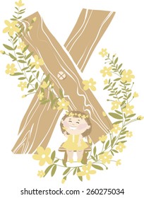 Vector hand drawn Floral and Wooden children monogram with funny little girl  and yellow spring flowers. Letter "X" is perfect for your design - flyers, posters, invitations, cards and so on.