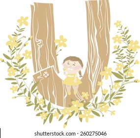 Vector hand drawn Floral and Wooden children monogram with funny little girl  and yellow spring flowers. Letter "U" is perfect for your design - flyers, posters, invitations, cards and so on.