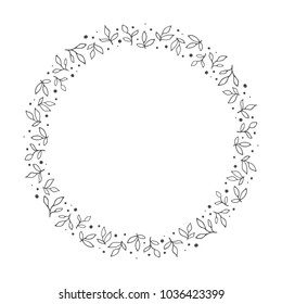 vector hand drawn floral wreath, round frame with leaves and dots, decorative design element, illustration