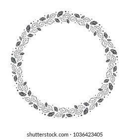 vector hand drawn floral wreath, round frame with leaves and dots, decorative design element, illustration