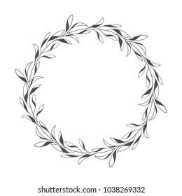 vector hand drawn floral wreath, round frame with leaves, decorative design element, illustration