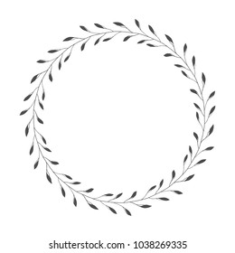 vector hand drawn floral wreath, round frame with leaves, decorative design element, illustration