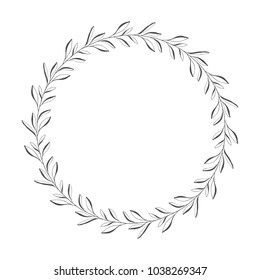 vector hand drawn floral wreath, round frame with leaves, decorative design element, illustration