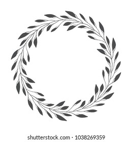 vector hand drawn floral wreath, round frame with leaves, decorative design element, illustration