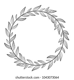 vector hand drawn floral wreath, round frame with leaves, decorative design element, stock illustration, eps 10
