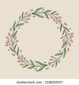 Vector hand drawn Floral Wreath isolated on white background. Vintage Leaves Circular frame with space for text