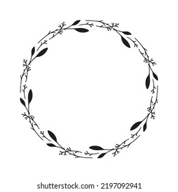 Vector hand drawn floral wreath isolated on white background. Silhouette round frame with of leaves. Doodle style. Floral monogram frame.