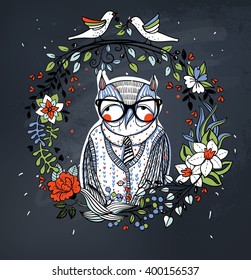 vector hand drawn floral wreath with a couple of birds and an old wisdom owl
