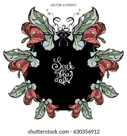 Vector hand drawn floral wreath with leaves and text. A bright template for your design. Layout for media, maps, notes, fashion, greeting cards, invitations. Flower illustration with space for text.