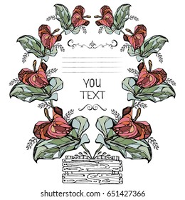 Vector hand drawn floral wreath with leaves and text. A bright template for your design. Layout for media, maps, notes, fashion, greeting cards, invitations. Flower illustration with space for text.
