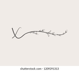 Vector Hand Drawn floral X monogram or logo. Lowercase Hand Lettering Letter x with Flowers and Branches. Wildflowers. Floral Design