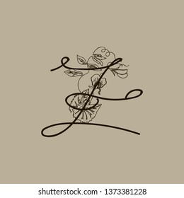 Vector Hand Drawn floral Z monogram or logo. Uppercase Hand Lettering. Letter Z with Flowers and Branches. Wildflowers. Floral Design