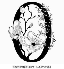 Vector Hand Drawn floral Zerro monogram or logo. Number 0 with Flowers and Branches. Cherry Blossom. Floral Design