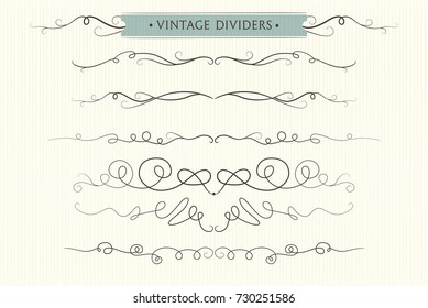 Vector hand drawn flourishes, dividers, graphic lovely design element set. Cute vintage borders. Wedding invitation cards, page decoration. Calligraphy designer swirls, swashes ornate motifs & scrolls