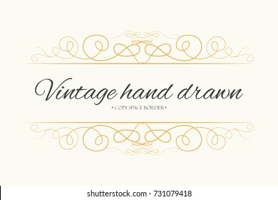 Vector hand drawn flourishes, text divider, graphic design element. Designer vintage golden line border frame. Wedding invitation visit card, page decoration. Calligraphy elegant swirls, ornate motifs