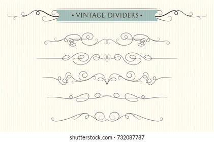 Vector hand drawn flourishes, text divider, graphic design element set. Designer art vintage border. Wedding invitation card, page decoration Calligraphy elegant designer swirls, ornate bohemian motif