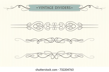 Vector hand drawn flourishes, text divider, graphic design element set. Designer art vintage border Wedding invitation card, page decoration. Calligraphy, lovely delicate swirls, victorian style motif