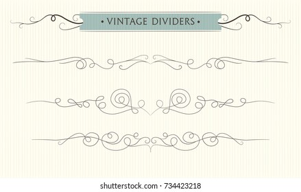 Vector hand drawn flourishes, text divider, graphic design element set. Designer art vintage border Wedding invitation card page decoration. Calligraphy, delicate swirls, vintage victorian style motif