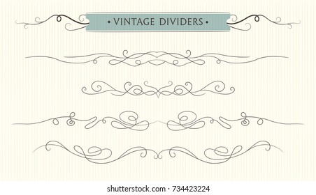 Vector hand drawn flourishes, text divider, graphic design element set. Designer art vintage border Wedding invitation card page decoration. Calligraphy, tender swirls, vintage elegant style motif