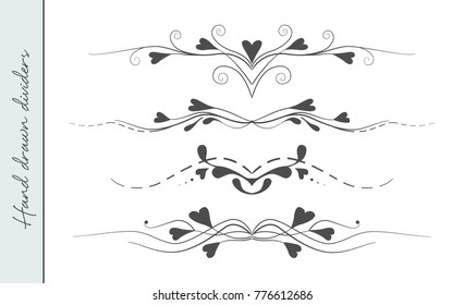 Vector hand drawn flourishes text divider, graphic design element set. Designer art vintage border for Wedding invitation card, page decoration. Calligraphy elegant delicate swirls hearts ornate motif