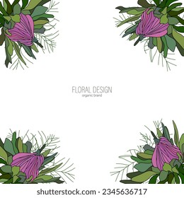 Borde floral dibujado a mano vectorial de los astros, margaritas, hojas verdes, corona botánica 